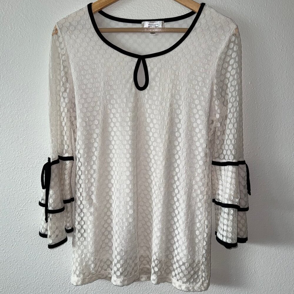 Shannon Ford New York Long Sleeve White Lace Top With Black Trim & Ties‎ Size S